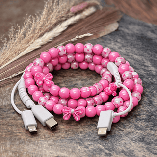 Pink Hearts Beaded Phone Charger with Lightning & USB-C