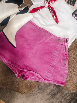 Pink Wash Wrap Front Denim Skort - Jayden Layne