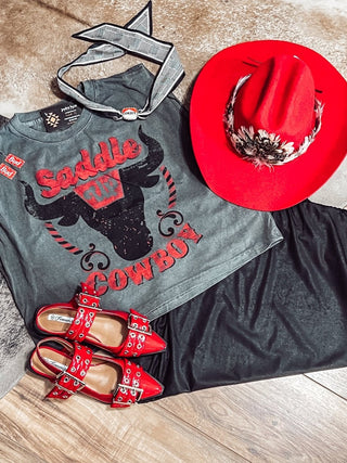 Saddle up Cowboy Boxy Midriff Pinned Sleeve Muscle Top - Jayden Layne