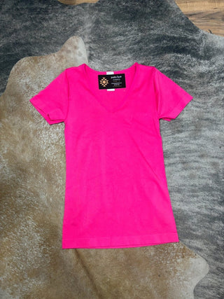 Seamless Hot Pink V - neck Short Sleeve Top - Jayden Layne