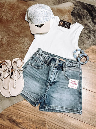 Tummy Control High Rise Bow Detailed Denim Shorts