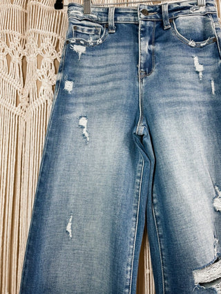 Wide Destroyed High Rise Relaxed Cropped Wide Leg Jeans