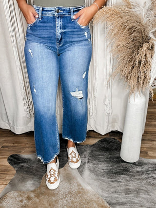 Wide Destroyed High Rise Relaxed Cropped Wide Leg Jeans