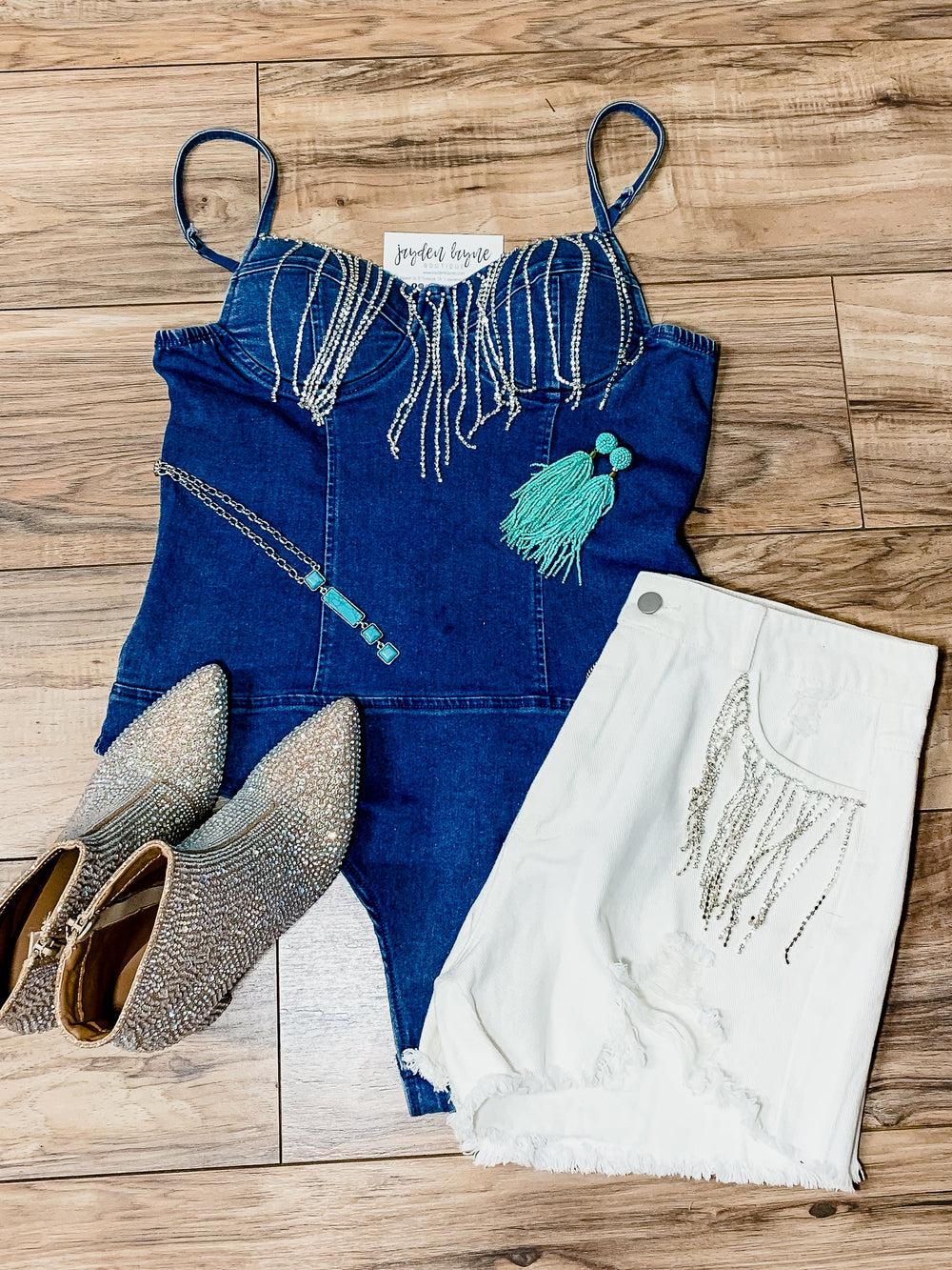 Denim rhinestone fringe bodysuit - Jayden Layne