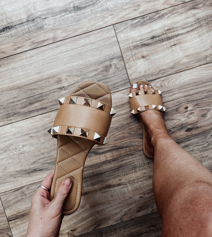 Cognac studded slide sandals - Jayden Layne