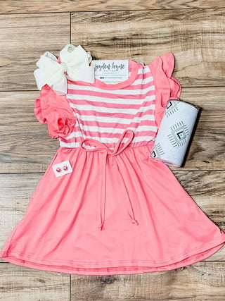 Kids Pink Stripe Ruffle Sleeve Dress - Jayden Layne