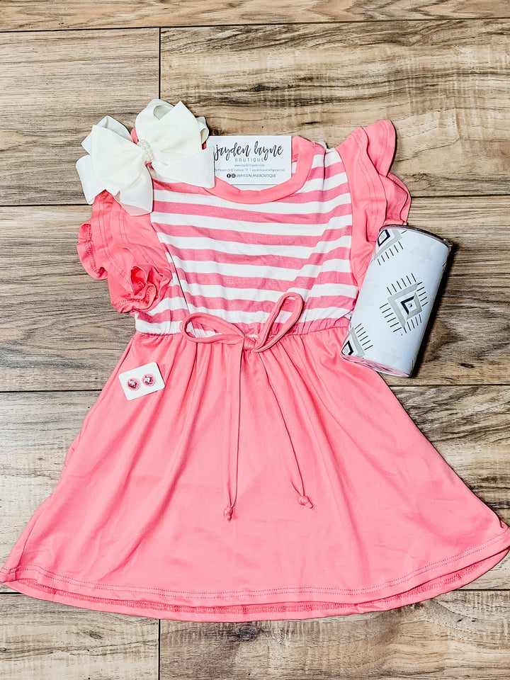 Kids Pink Stripe Ruffle Sleeve Dress - Jayden Layne