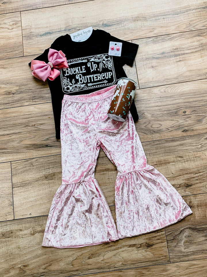 Kids Pink Velvet Flare Pants - Jayden Layne